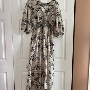 Free People Black and Cream Floral Long Sleeve Dress